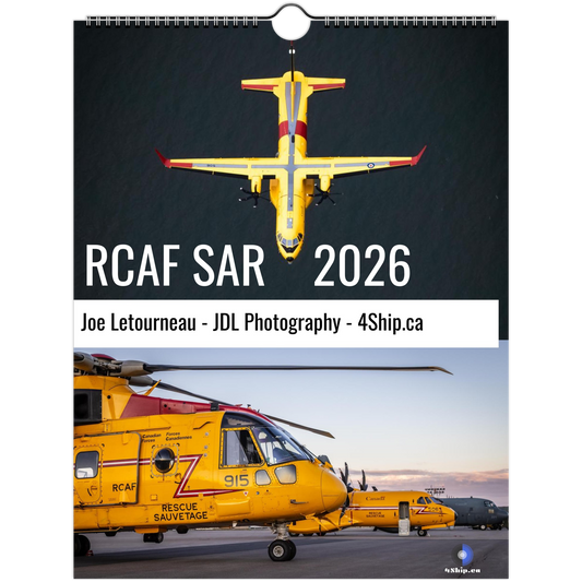 Calendar cover featuring a yellow airplane and helicopter with text 'RCAF SAR 2026' and photographers' names.
