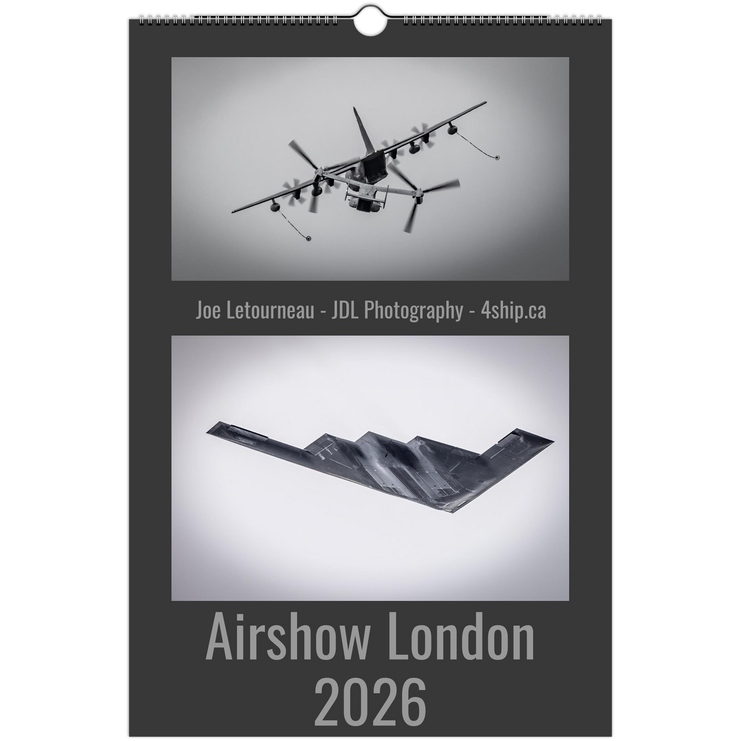 Calendar with airplane images and 'Airshow London 2026' text on a white background